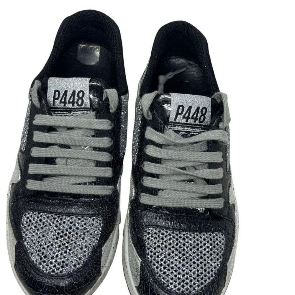 P448 Women’s Size 37 Black Silver Glitter Mesh Chunky Sneakers
